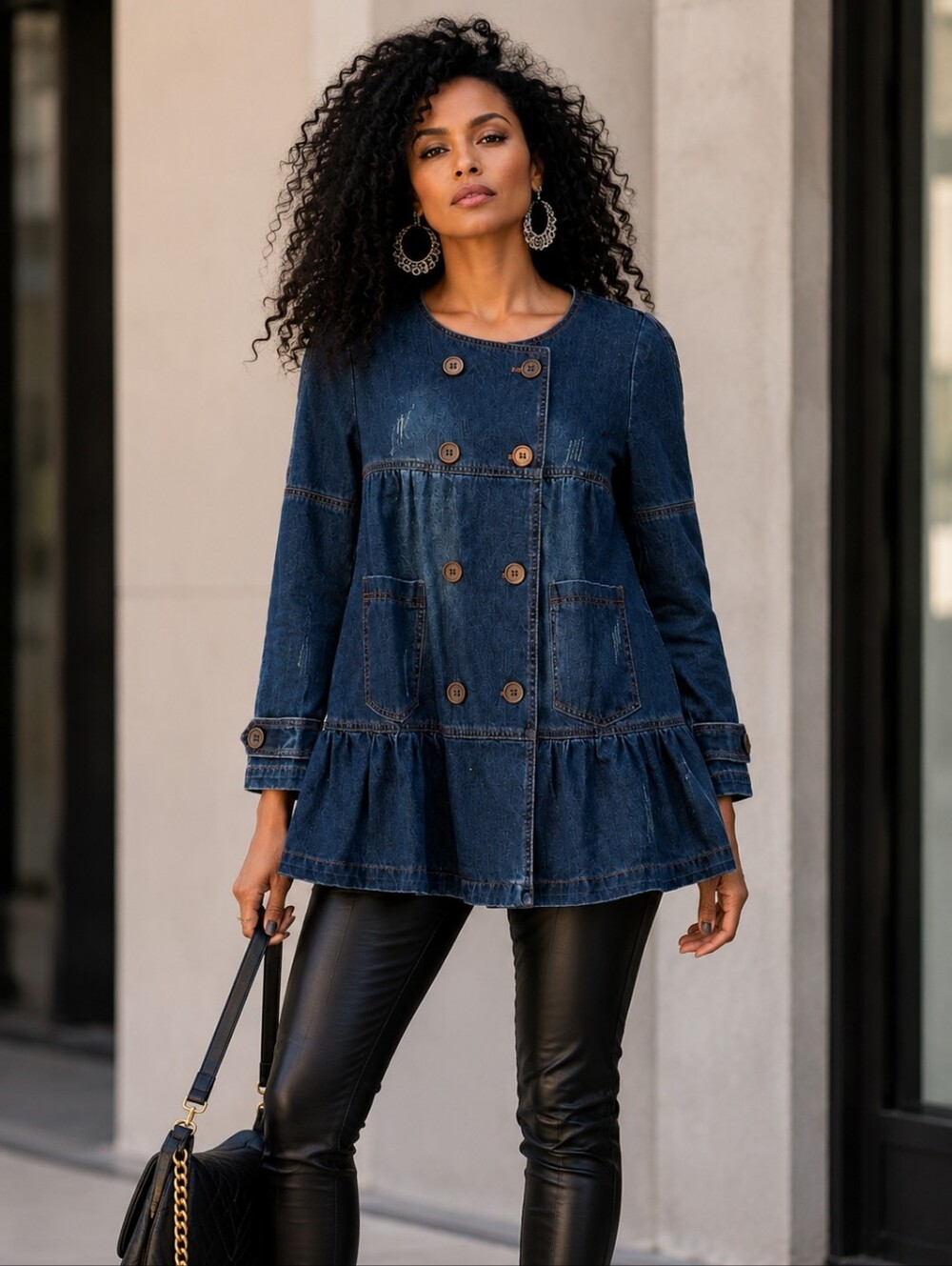 Junmei Shangu Rare NWT Denim Ruffle Jacket Double Breasted Peplum Coat